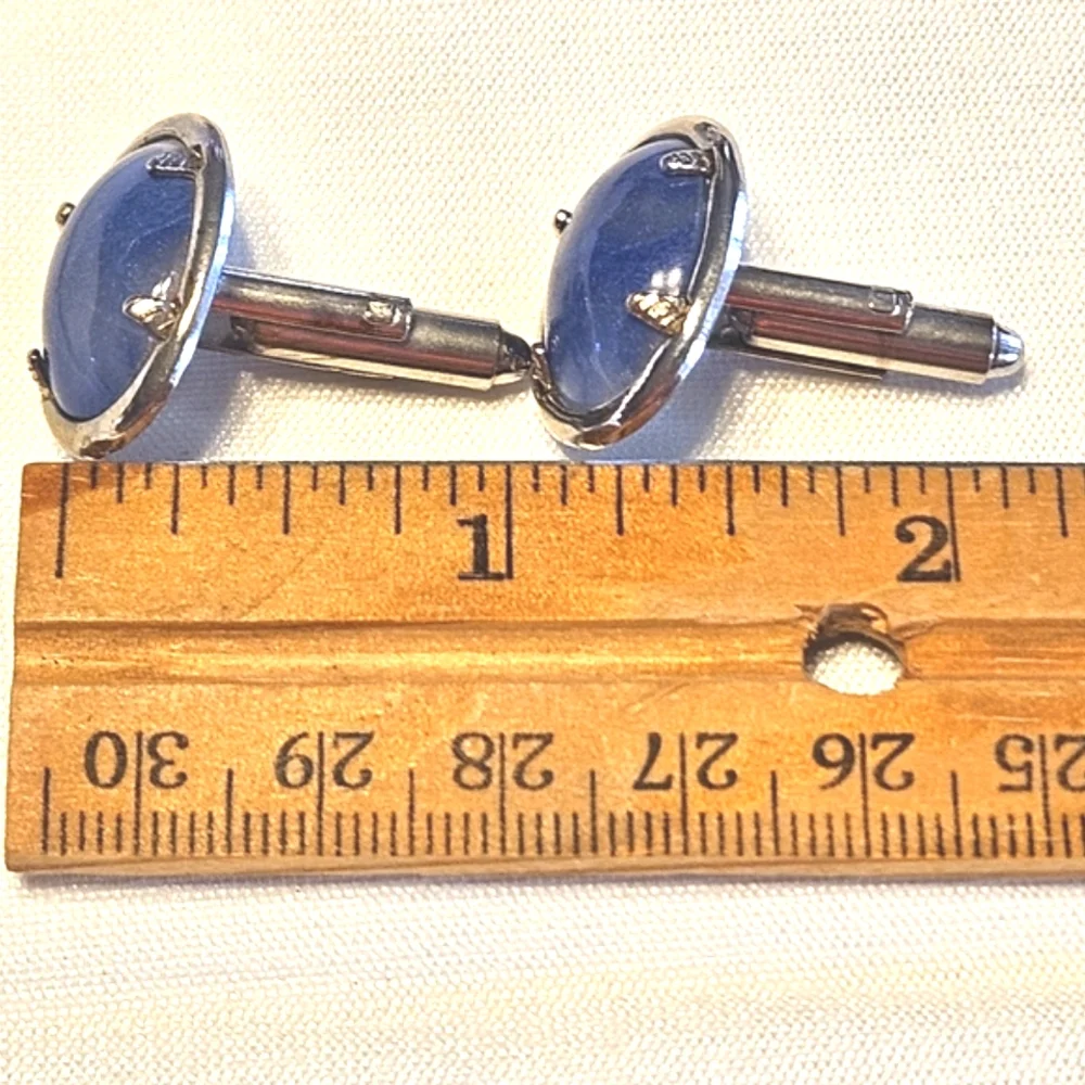 Vintage Oval-shaped, Silver-plated Blue Kyanite Cufflinks, and Matching Tie Clip